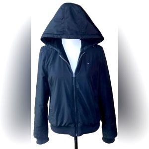 Tommy Hilfiger Womens Medium Black Faux Fur Lined Short Jacket Bomber Jacket EUC